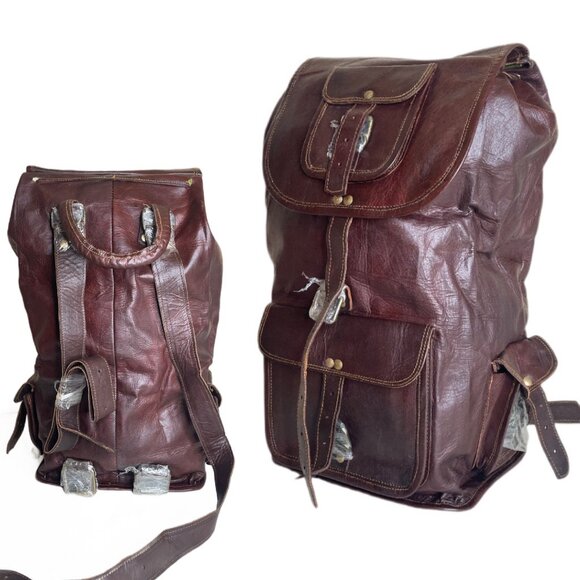 Leather Backpack Long 18" Camping Hiking Satchel Bag - Picture 1 of 16